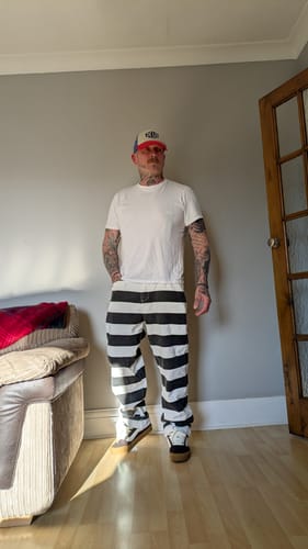 Customer photo review of 16 oz Canvas Wide Striped Biker Trousers