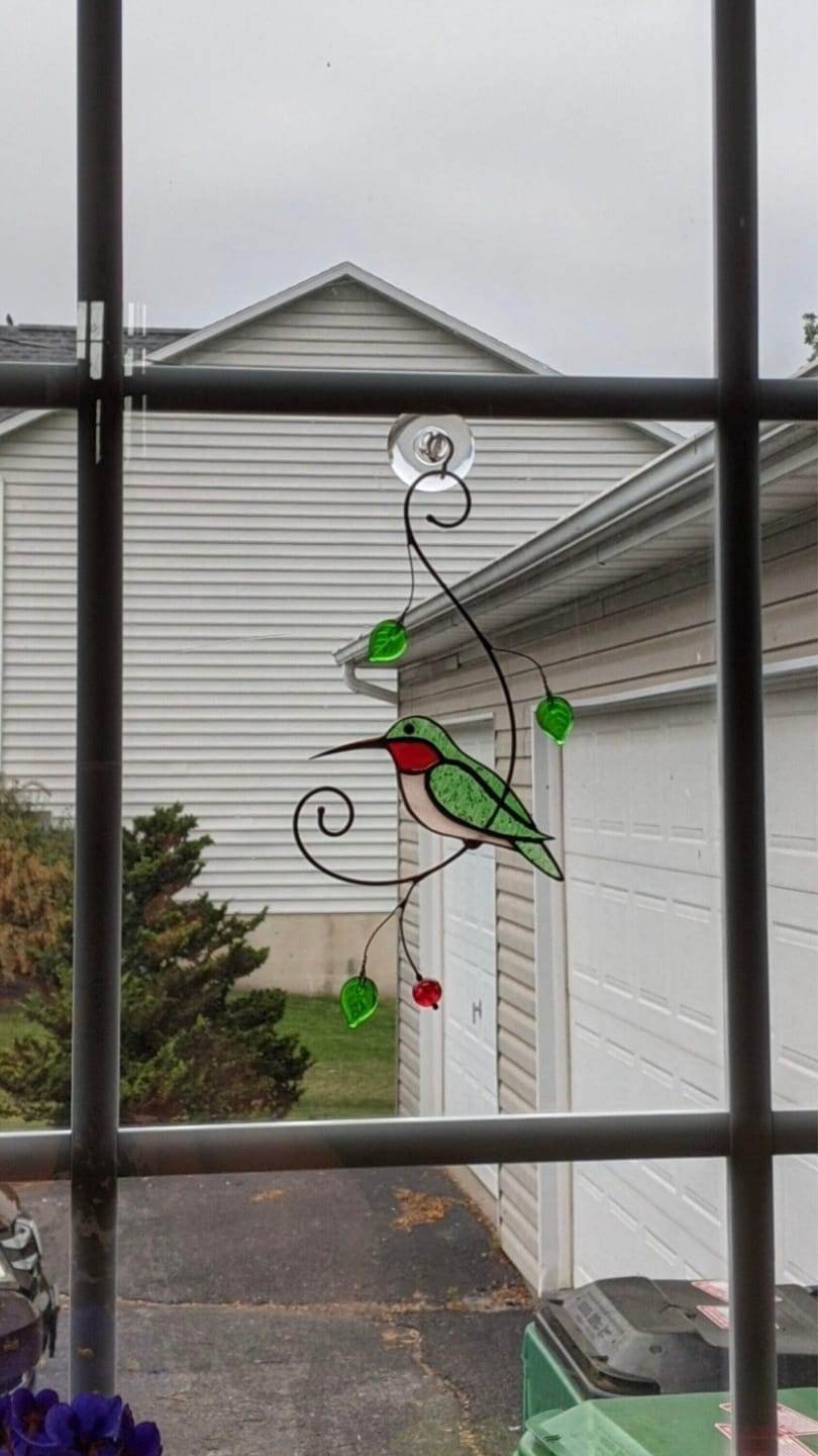 Customer photo review of Green Ruby-throated Hummingbird window hanging