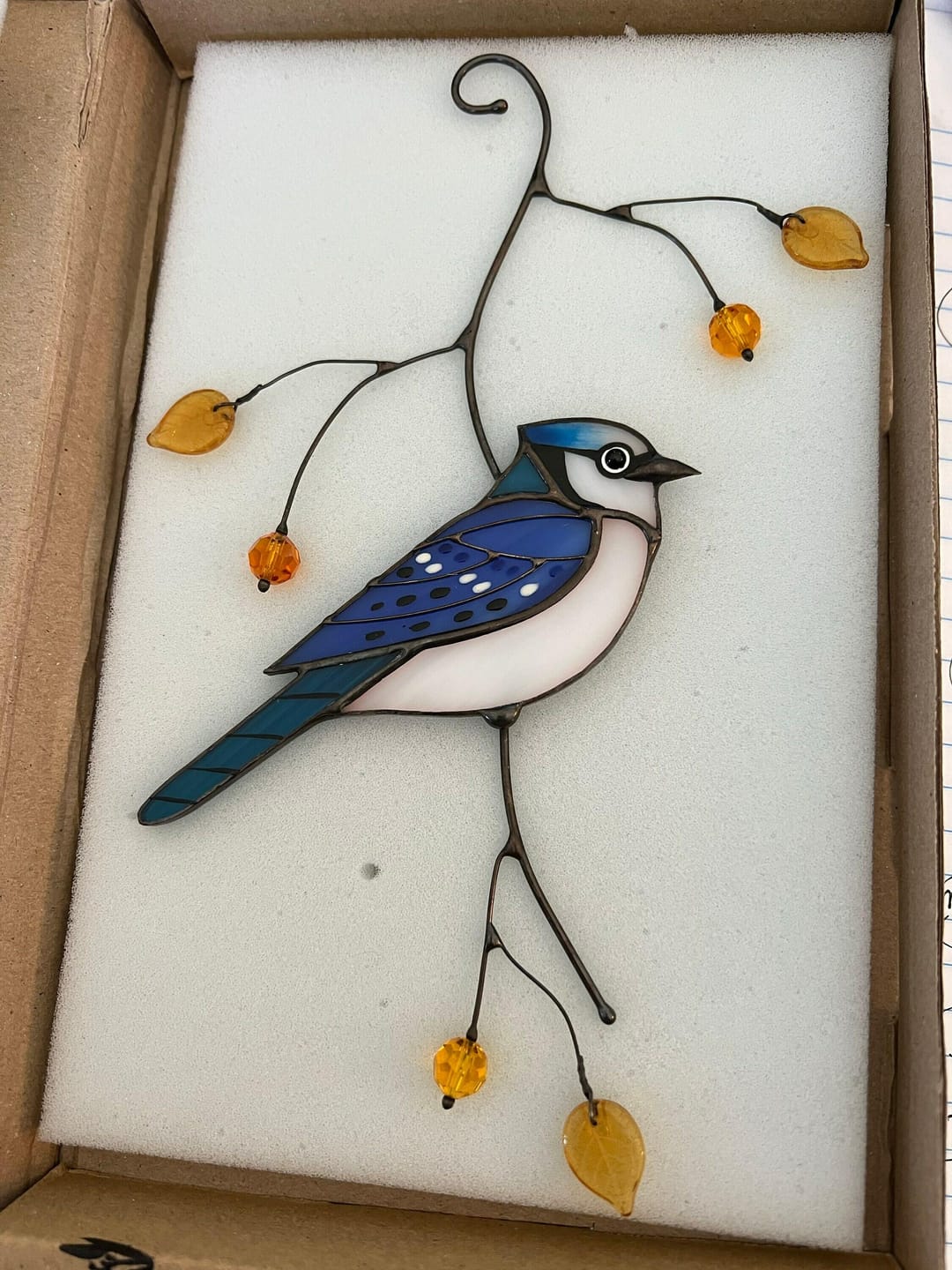 Customer photo review of Blue Jay stained glass bird realistic on a branch