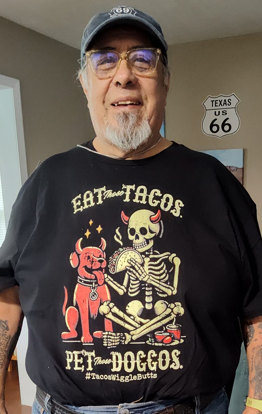 Customer photo review of Eat Those Tacos Pet Those Doggos T-Shirt
