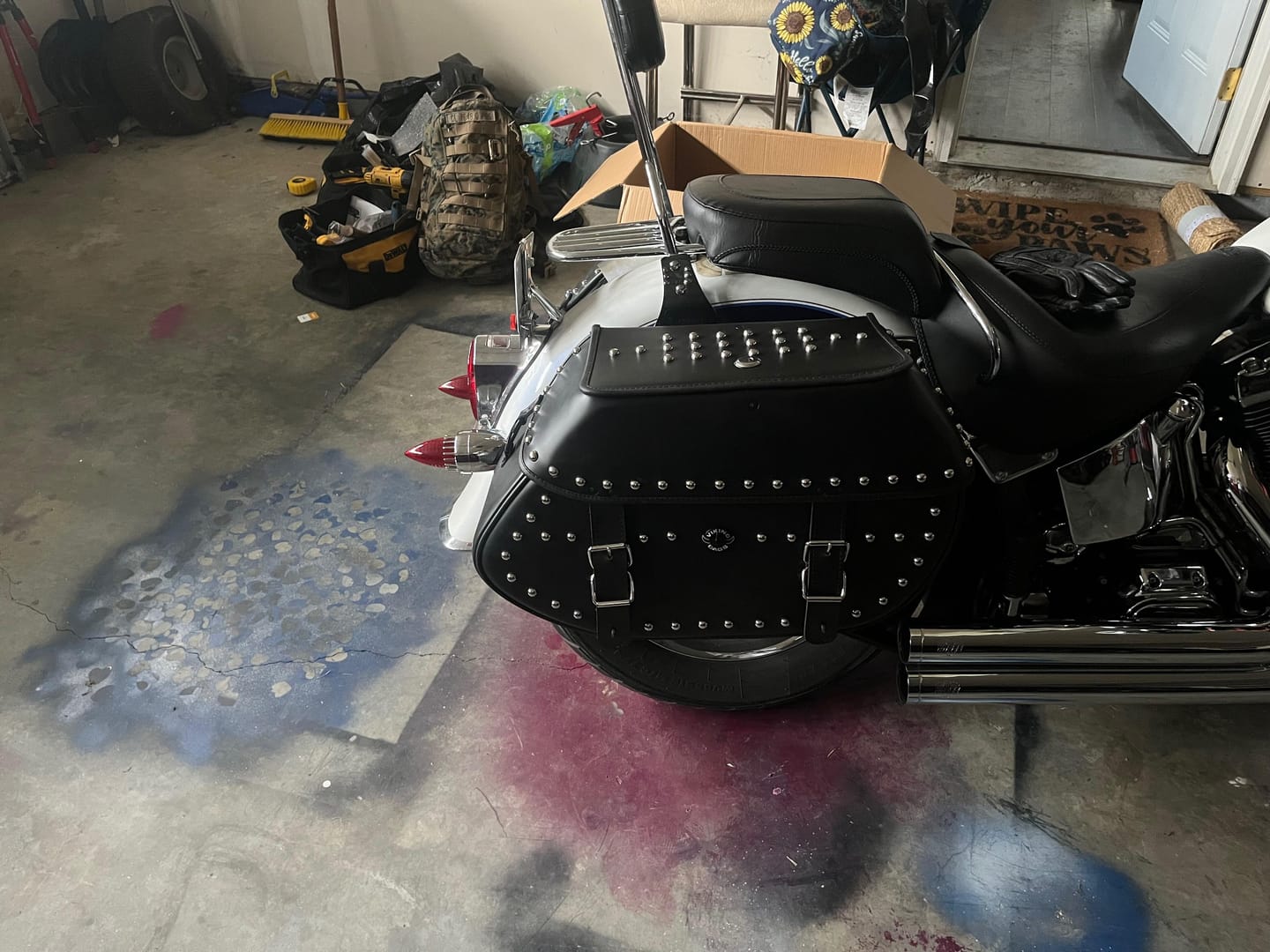Customer photo review of 35L - Legacy Extra Large Studded Leather Motorcycle Saddlebags for Harley Softail Deluxe FLSTN/I