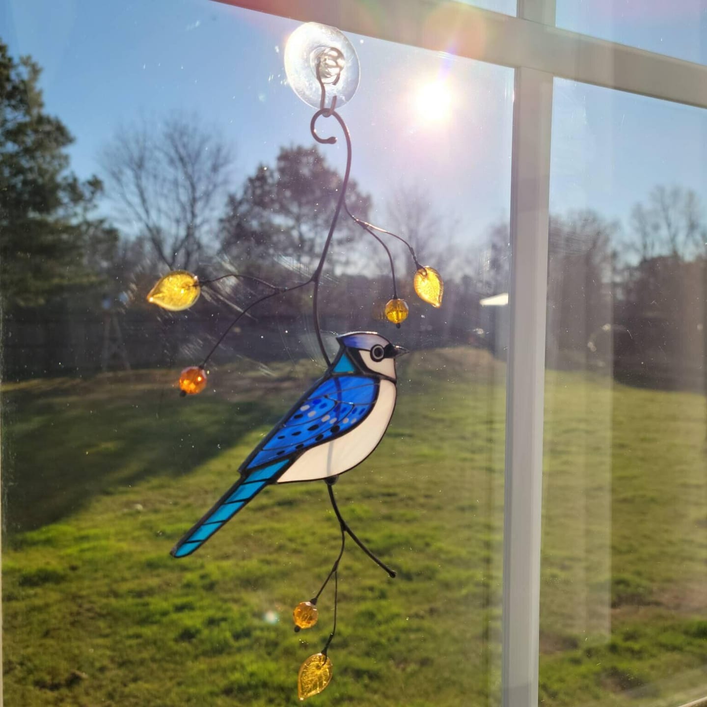 Customer photo review of Blue Jay stained glass bird realistic on a branch