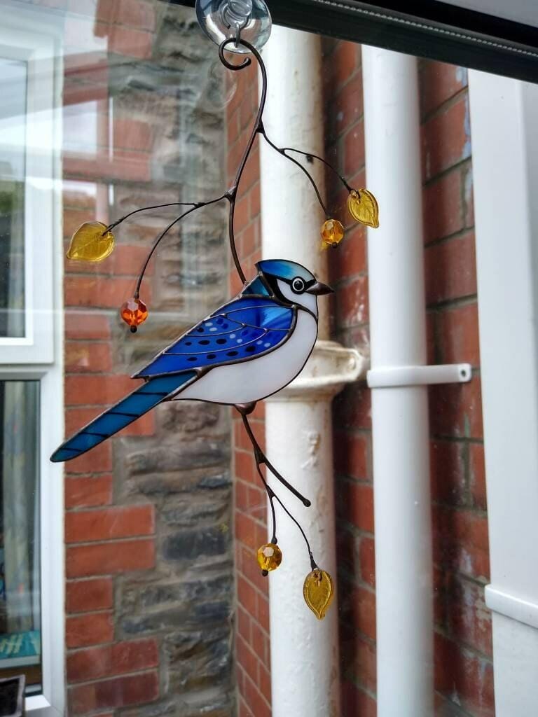 Customer photo review of Blue Jay stained glass bird realistic on a branch