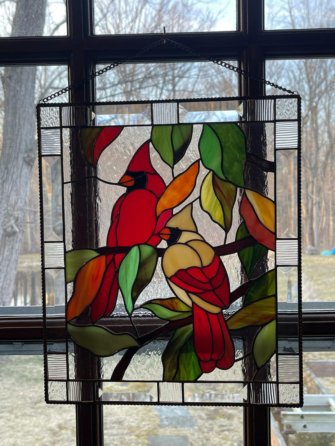 Customer photo review of Stained Glass Panel Couple of Cardinals