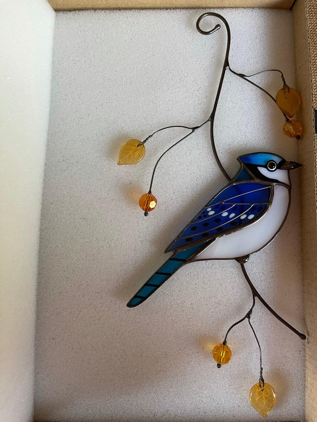 Customer photo review of Blue Jay stained glass bird realistic on a branch