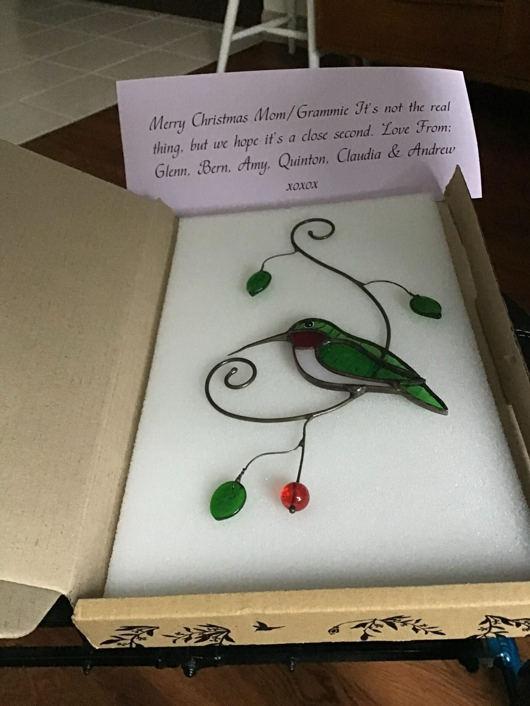 Customer photo review of Green Ruby-throated Hummingbird window hanging
