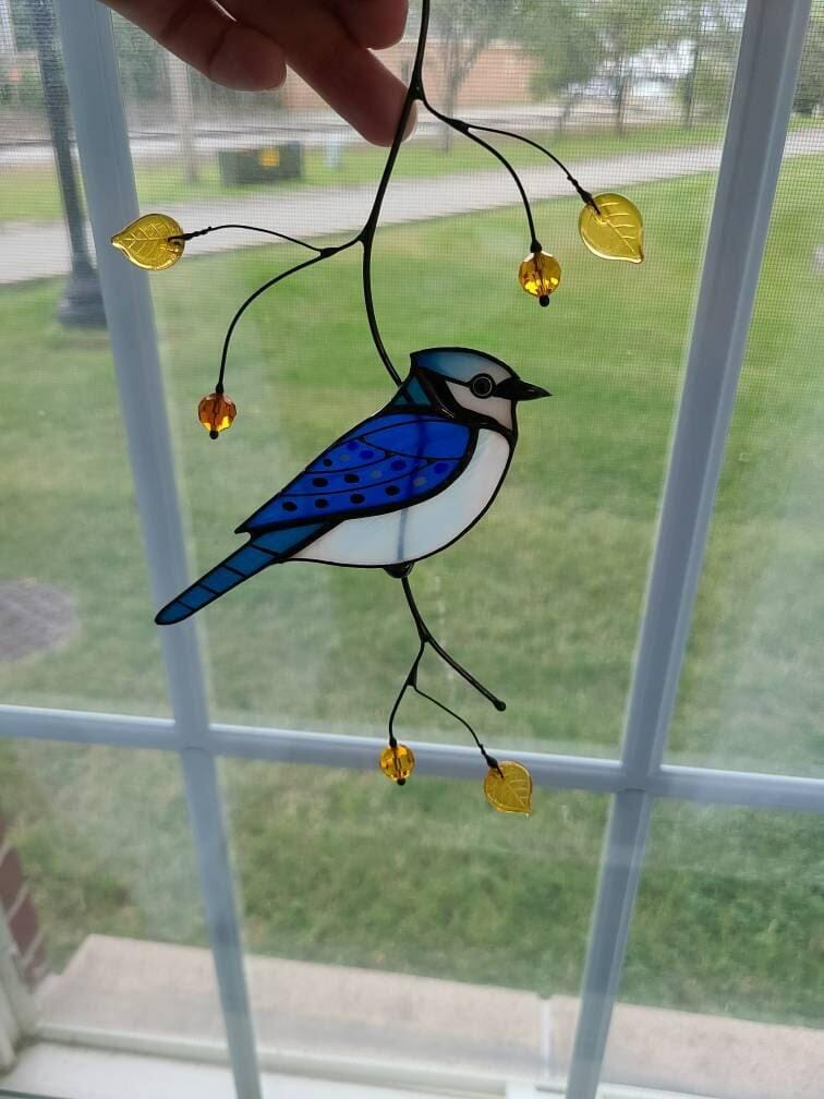 Customer photo review of Blue Jay stained glass bird realistic on a branch