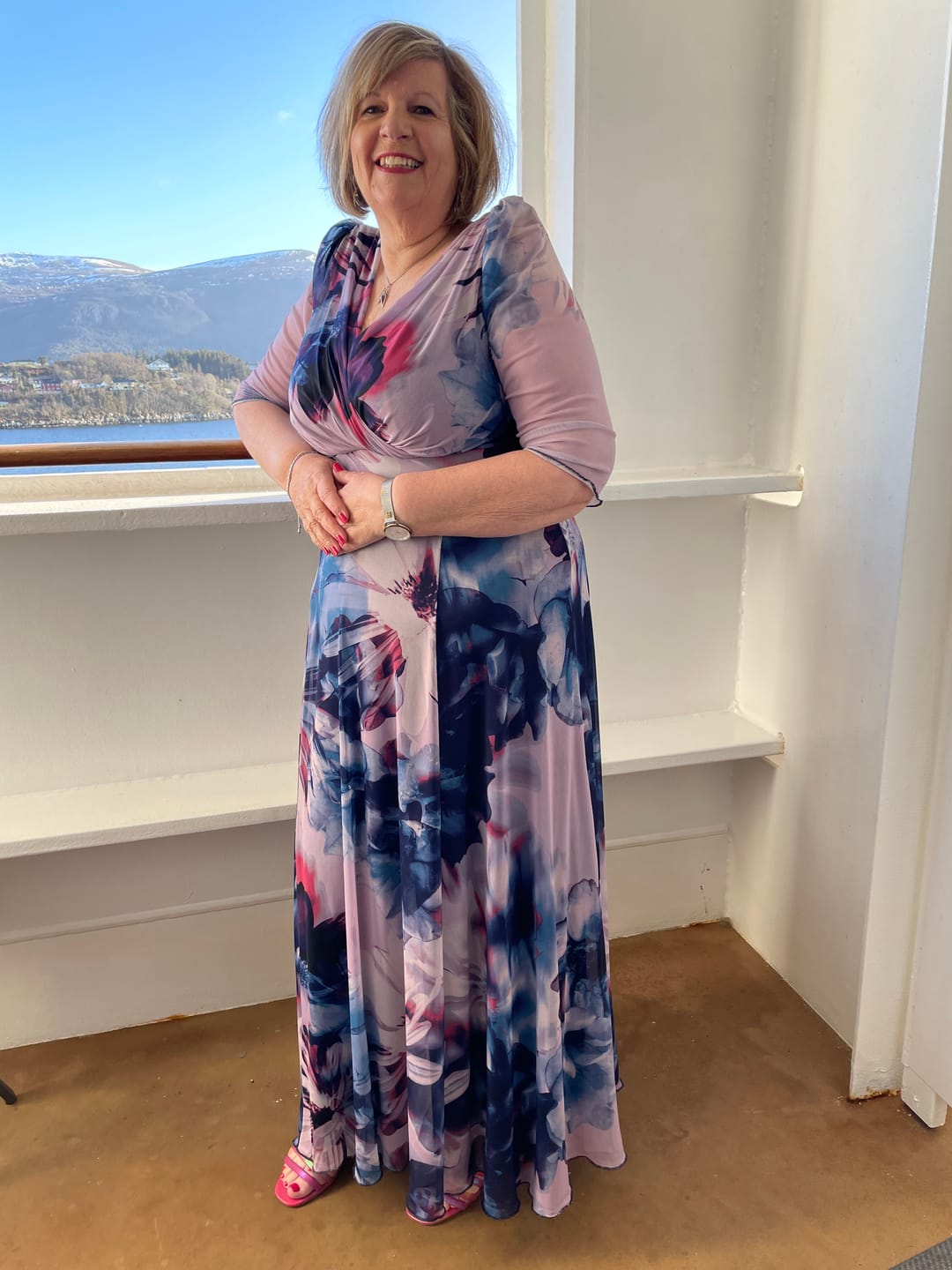 Customer photo review of Verity Plus Size Maxi Gown in Elegant Indigo Rose Print
