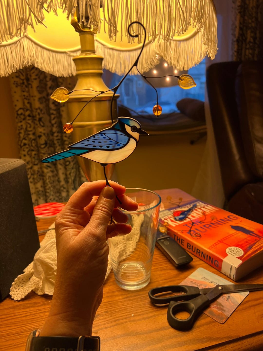 Customer photo review of Blue Jay stained glass bird realistic on a branch