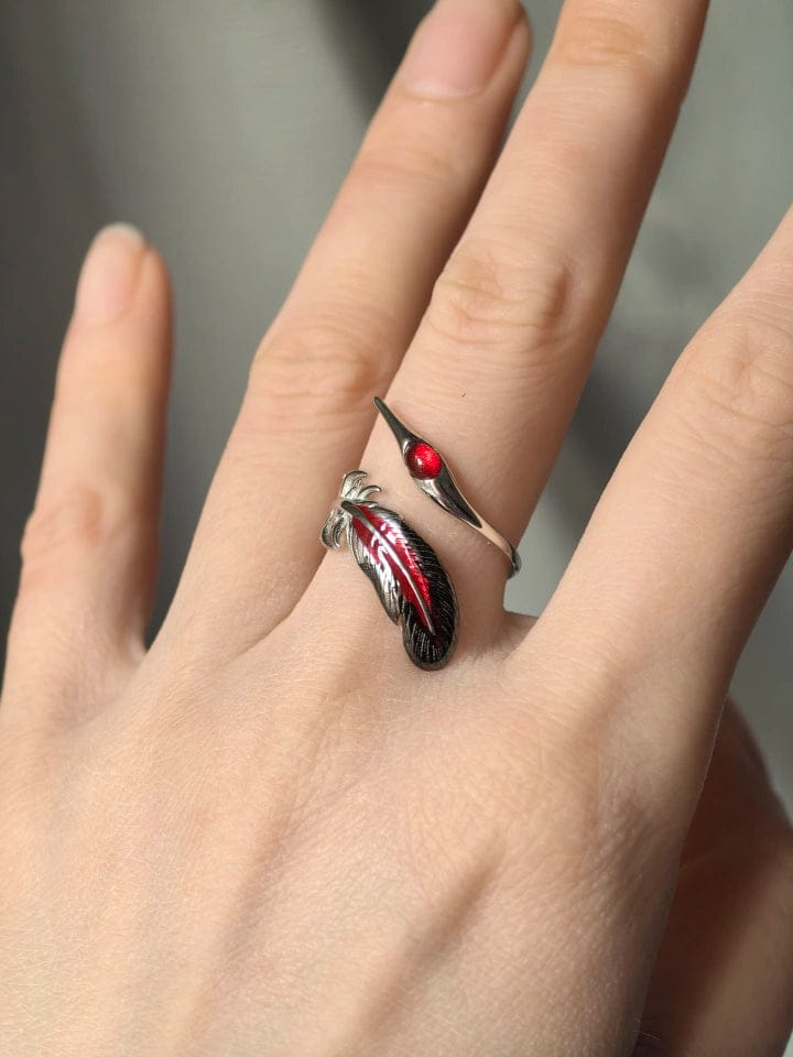 Customer photo review of "Soaring Cranes" 925 Sterling Silver Red Feather Crane Statement Open Ring