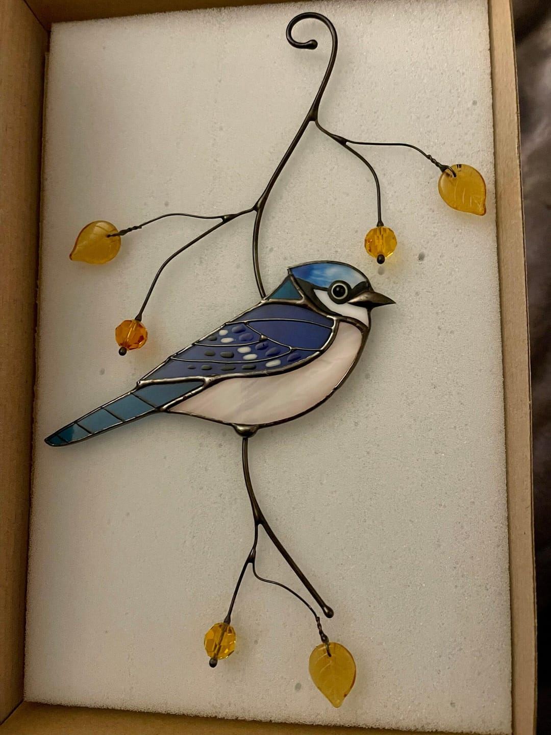Customer photo review of Blue Jay stained glass bird realistic on a branch