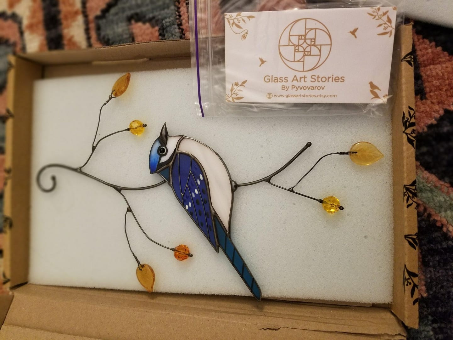Customer photo review of Blue Jay stained glass bird realistic on a branch