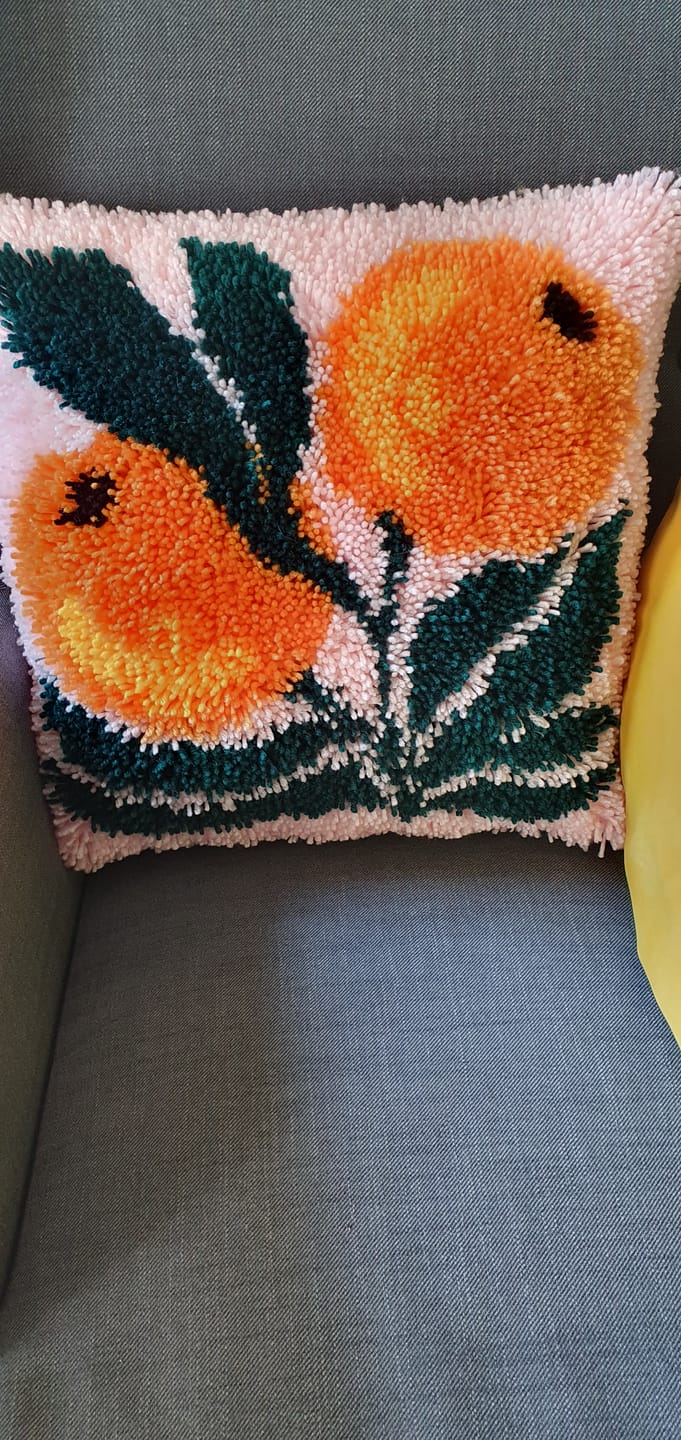 Customer photo review of A Bounty of Oranges Latch Hook Cushion Kit