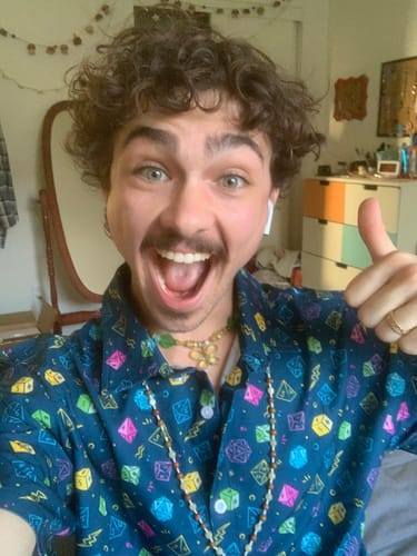 Customer photo review of Ready-to-Ship Dnd RPG Dice Blue Button Up Shirt