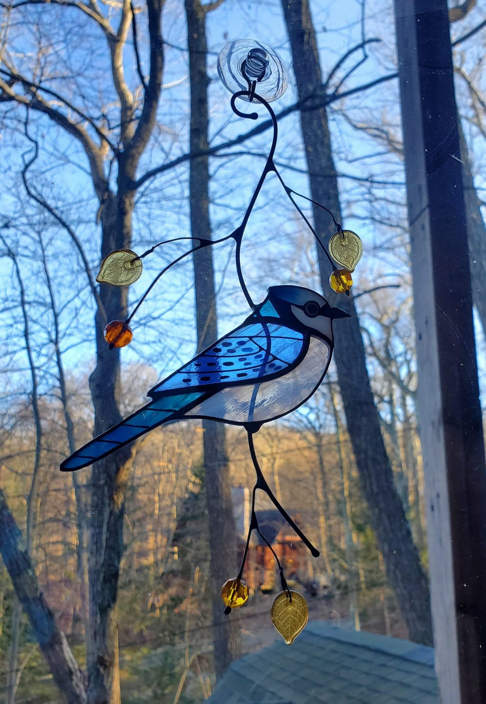Customer photo review of Blue Jay stained glass bird realistic on a branch