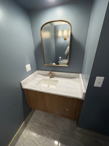 Customer photo review of Cape Breton 36" Wall Mount Mid Century Oak Bathroom Vanity, Left Sink