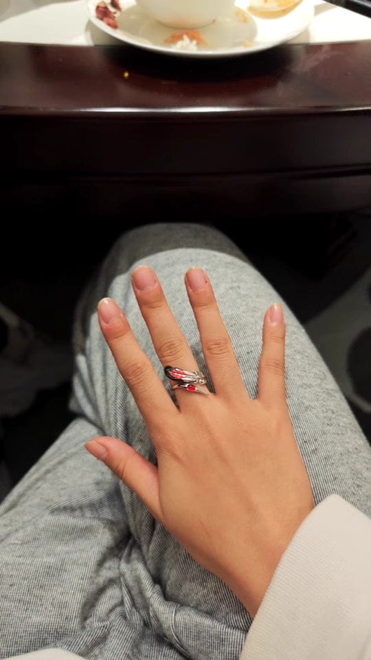 Customer photo review of "Soaring Cranes" 925 Sterling Silver Red Feather Crane Statement Open Ring