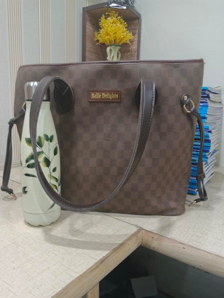 Customer photo review of Dark Brown checkered neverfull tote bag (Zip Closure)