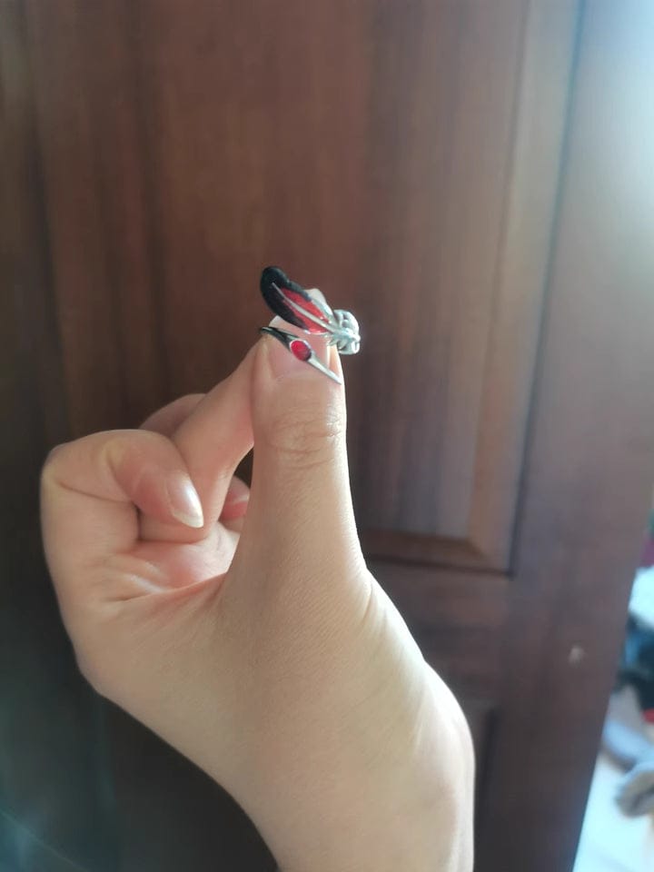 Customer photo review of "Soaring Cranes" 925 Sterling Silver Red Feather Crane Statement Open Ring