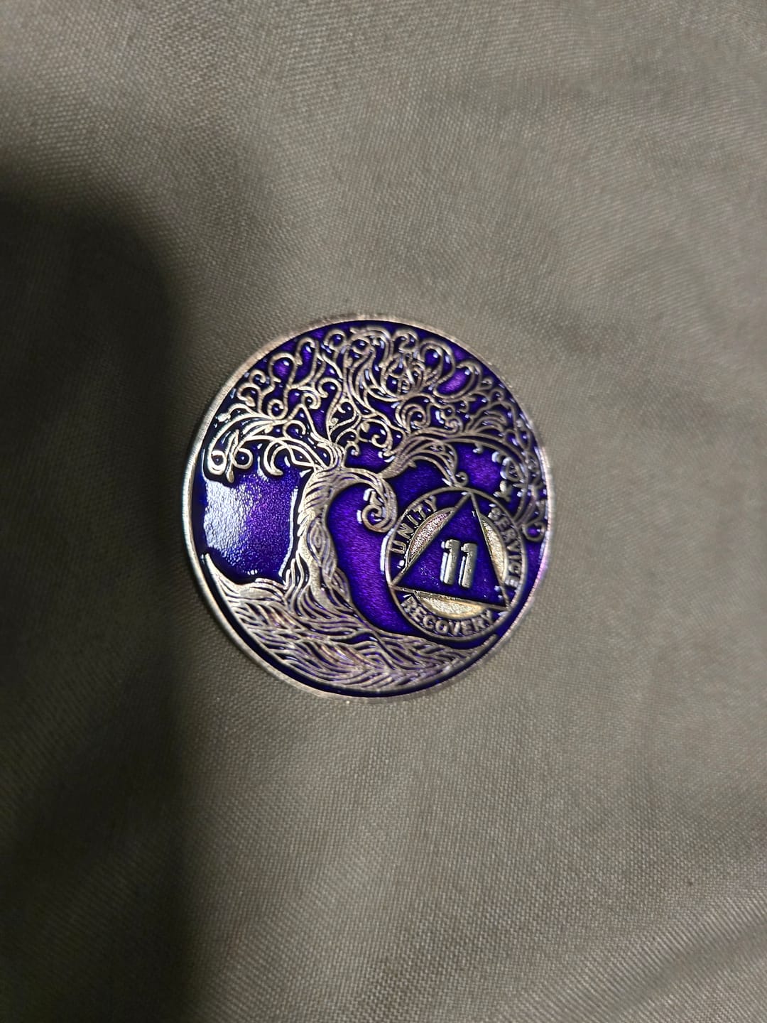 Customer photo review of 11 Year Sobriety Mint Twisted Tree of Life Gold Plated AA Recovery Medallion - Eleven Year Chip/Coin - Purple
