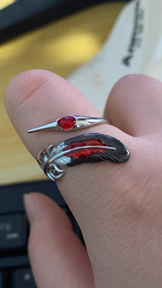 Customer photo review of "Soaring Cranes" 925 Sterling Silver Red Feather Crane Statement Open Ring