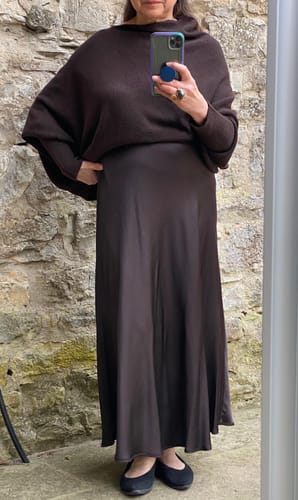 Customer photo review of Camilla Bias Satin Skirt | Espresso Brown