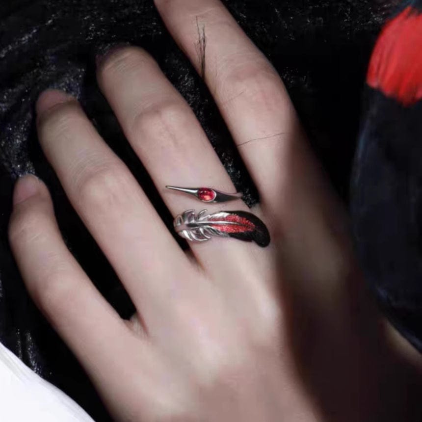 Customer photo review of "Soaring Cranes" 925 Sterling Silver Red Feather Crane Statement Open Ring