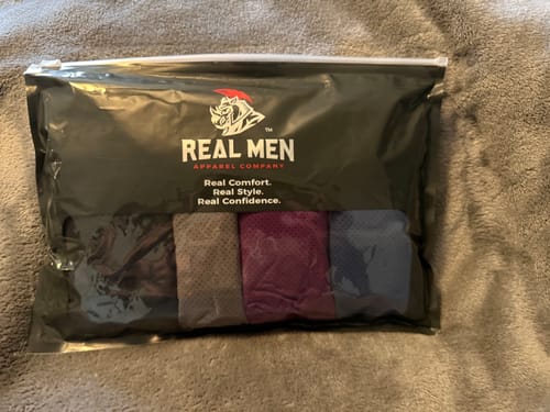 Customer photo review of Nylon Mesh 7in Boxer Briefs V Fly 4pk Black/Denim/Gunmetal/Wineberry