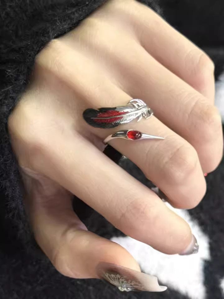 Customer photo review of "Soaring Cranes" 925 Sterling Silver Red Feather Crane Statement Open Ring