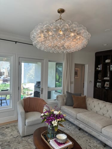 Customer photo review of Brass Halo Ribbed Glass Globe Bubble Ring Chandelier
