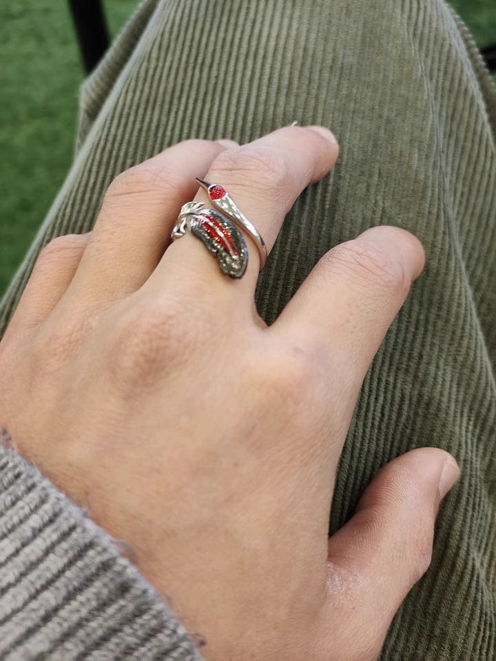 Customer photo review of "Soaring Cranes" 925 Sterling Silver Red Feather Crane Statement Open Ring