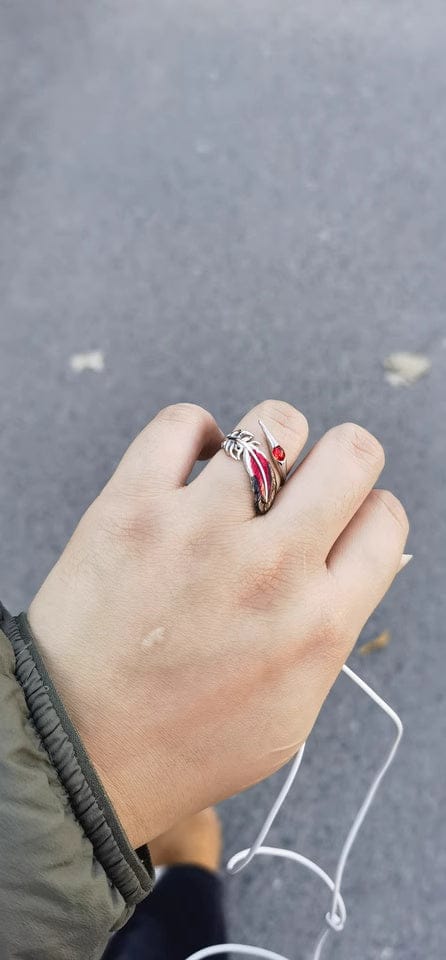 Customer photo review of "Soaring Cranes" 925 Sterling Silver Red Feather Crane Statement Open Ring