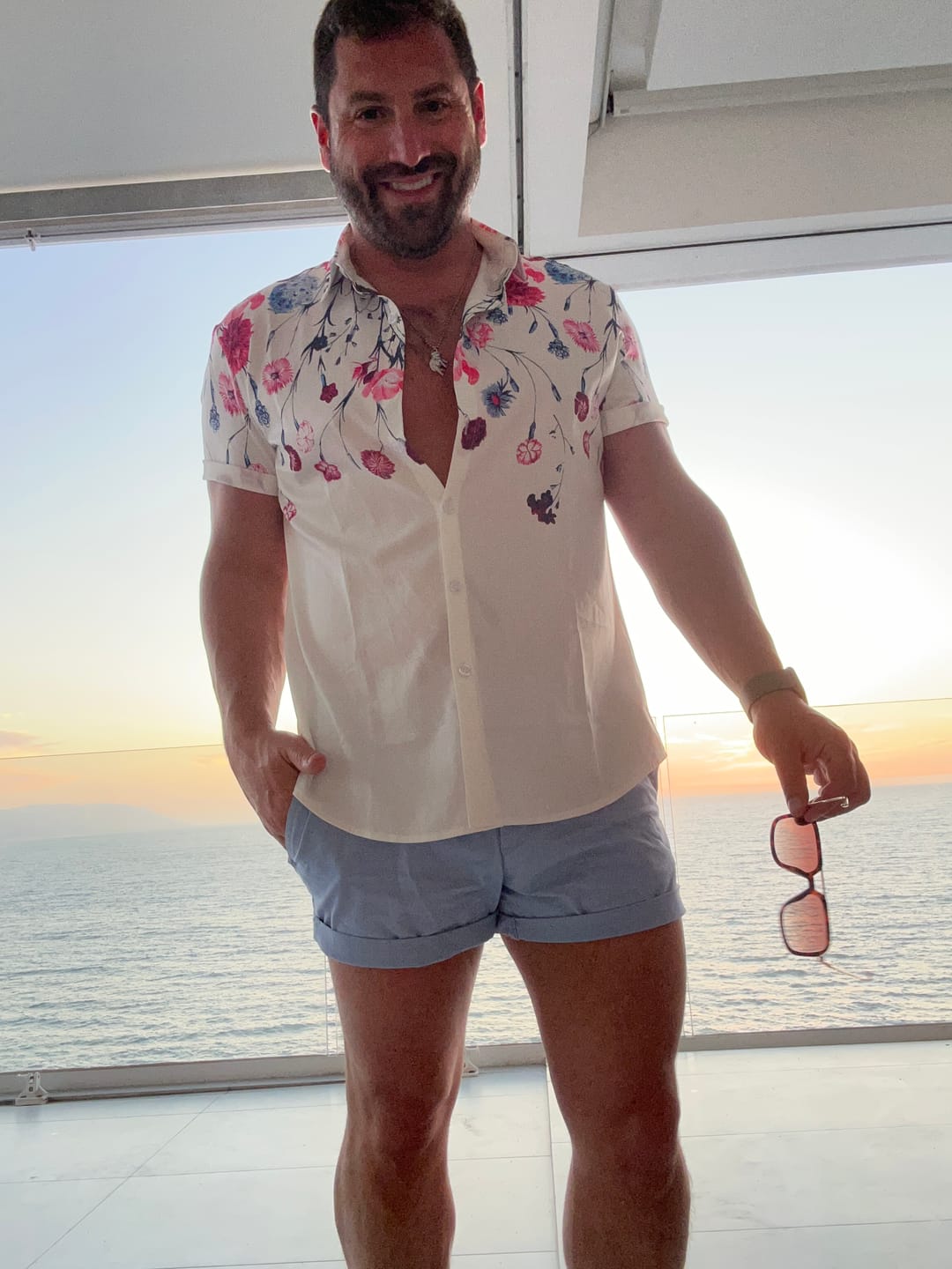 Customer photo review of Men's Floral Tops Flower Print Short Sleeve Button Up Summer Cruise Shirt