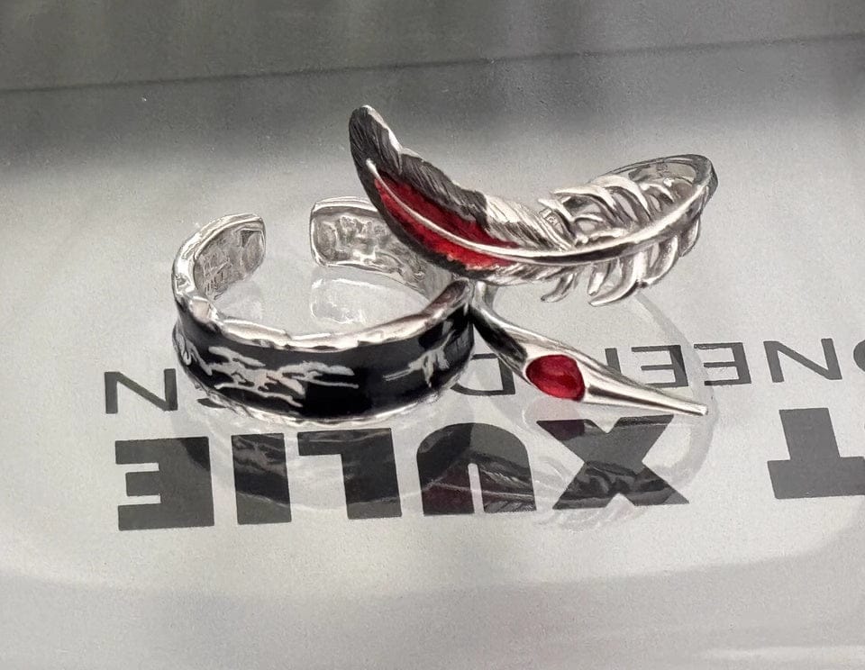 Customer photo review of "Soaring Cranes" 925 Sterling Silver Red Feather Crane Statement Open Ring