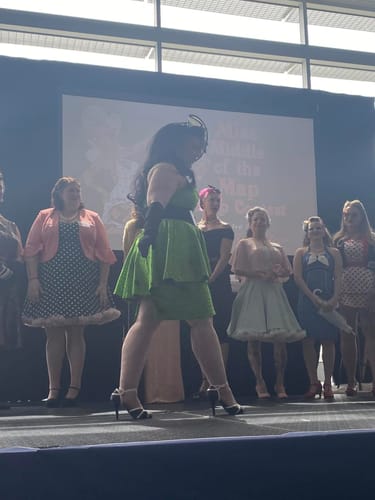 Customer photo review of FINAL SALE - Glamour Girl Peplum Dress in Slime Green and Black Spiderweb - Vixen by Micheline Pitt