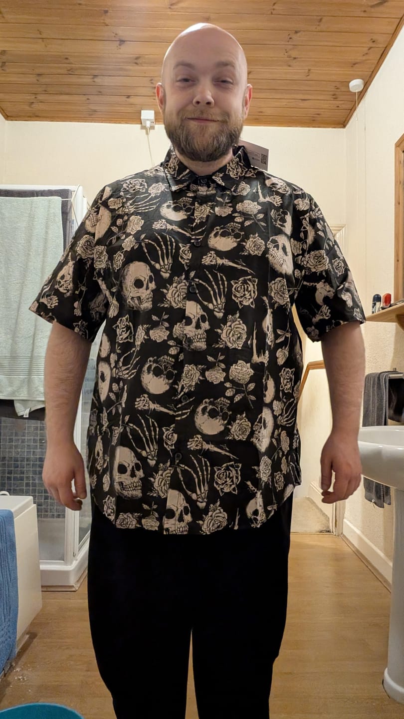 Customer photo review of Men's Skull Rose Floral Punk Rock and Roll Cool Button Up Shirt
