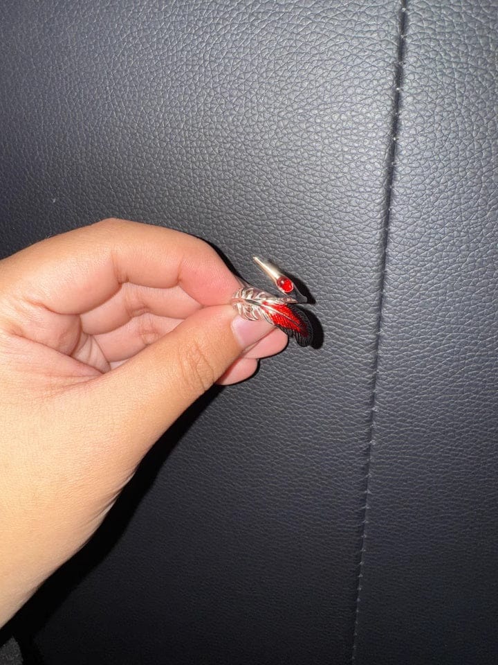 Customer photo review of "Soaring Cranes" 925 Sterling Silver Red Feather Crane Statement Open Ring