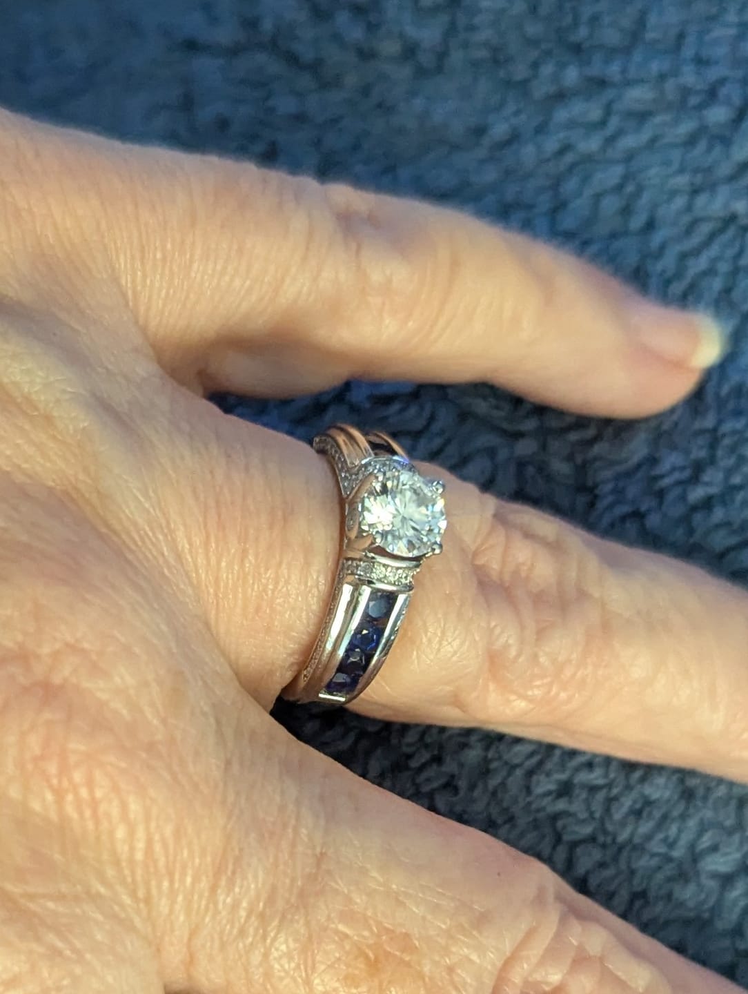 Customer photo review of Moissanite With Channel Set Sapphire Accents Engagement Ring