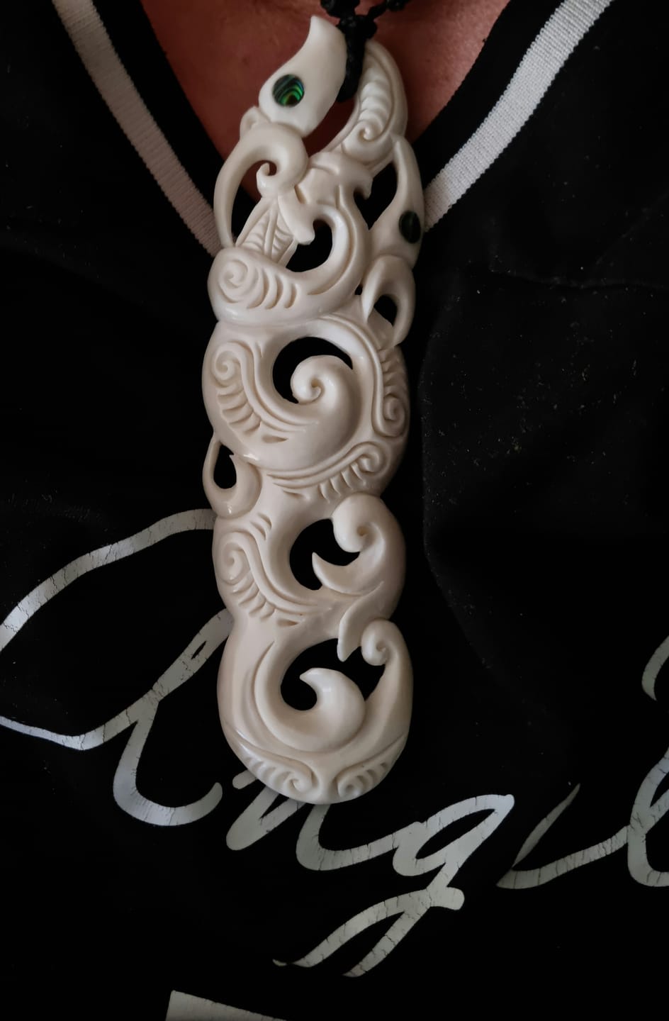 Customer photo review of Large 15cm Maori Double Manaia Bone Necklace