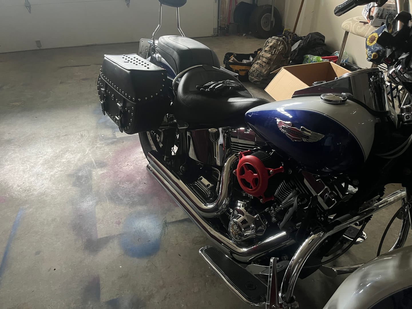 Customer photo review of 35L - Legacy Extra Large Studded Leather Motorcycle Saddlebags for Harley Softail Deluxe FLSTN/I