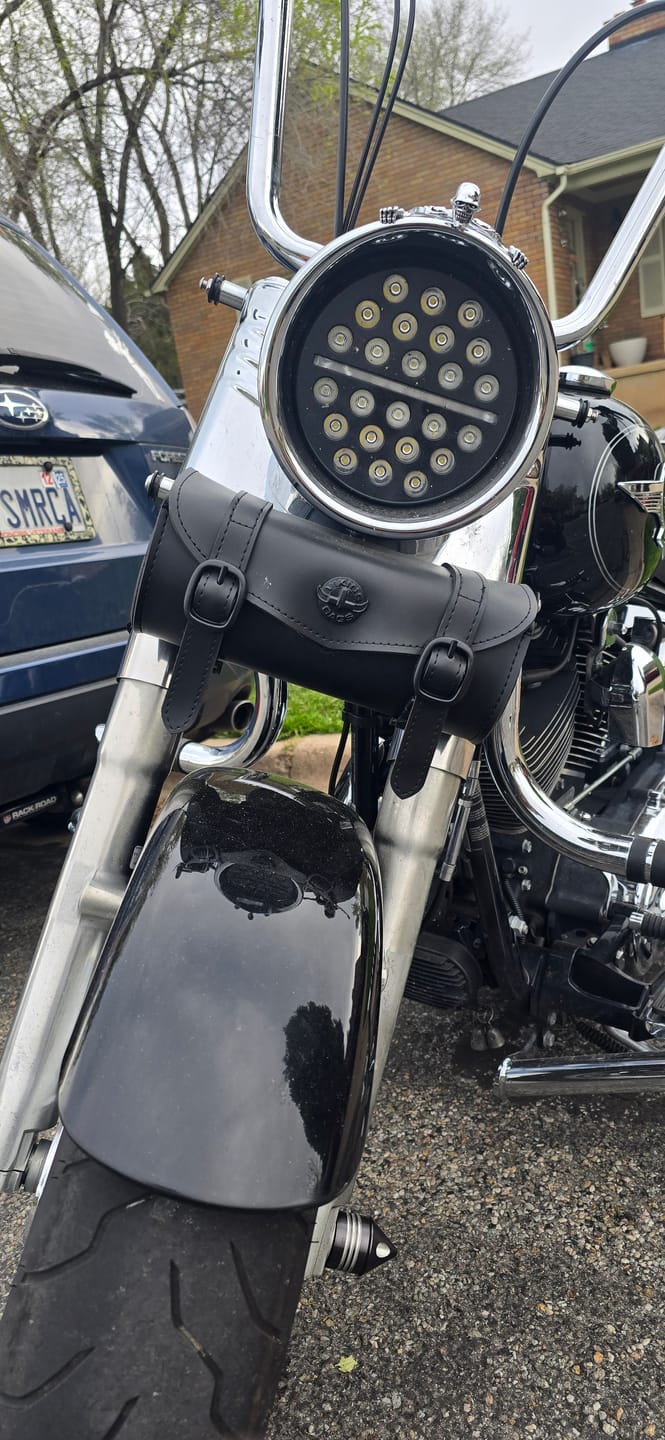 Customer photo review of 2L - Dark Age Plain Leather Motorcycle Fork Bag for Harley Davidson