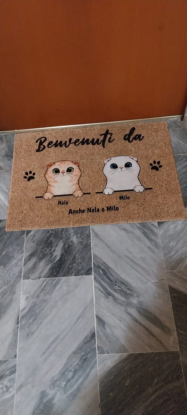 Customer photo review of Benvenuti da gatti curiosi - Zerbino personalizzato