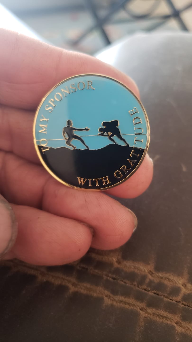 Customer photo review of To My Sponsor With Gratitude Men's AA/NA Recovery Medallion - Blue/Black