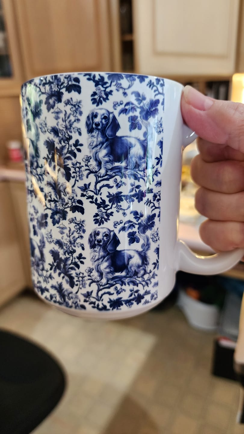 Customer photo review of Dachshund Long Haired French Blue Toile de Jouy Mug