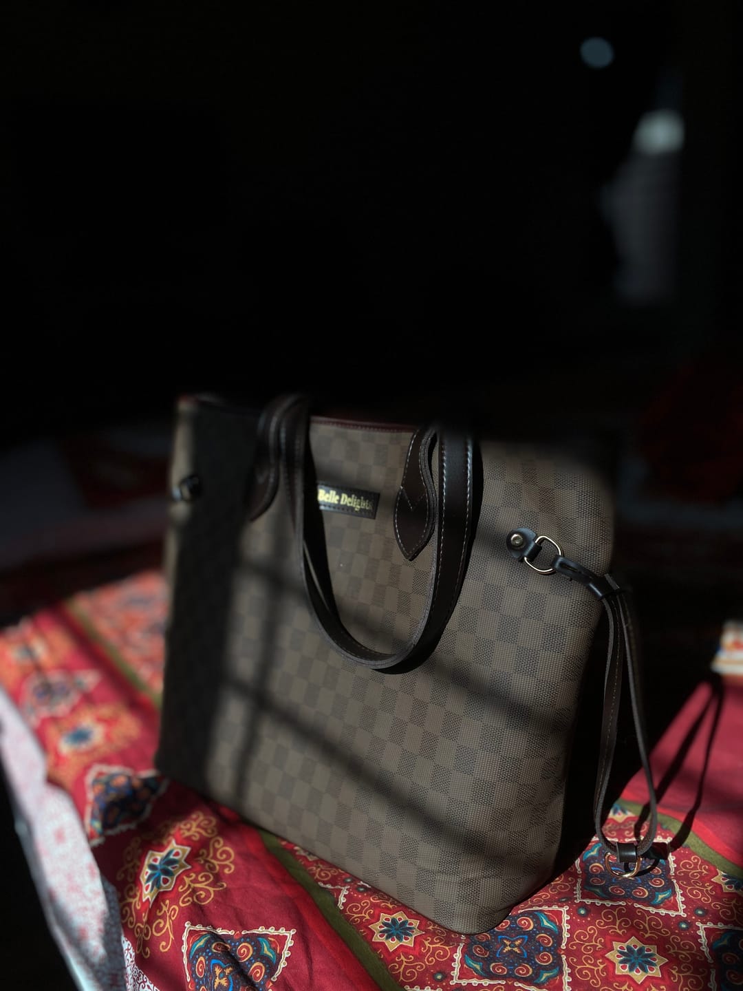 Customer photo review of Dark Brown checkered neverfull tote bag (Zip Closure)