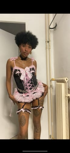 Customer photo review of Ruffle bowknot v neck skull applique self tie cami top