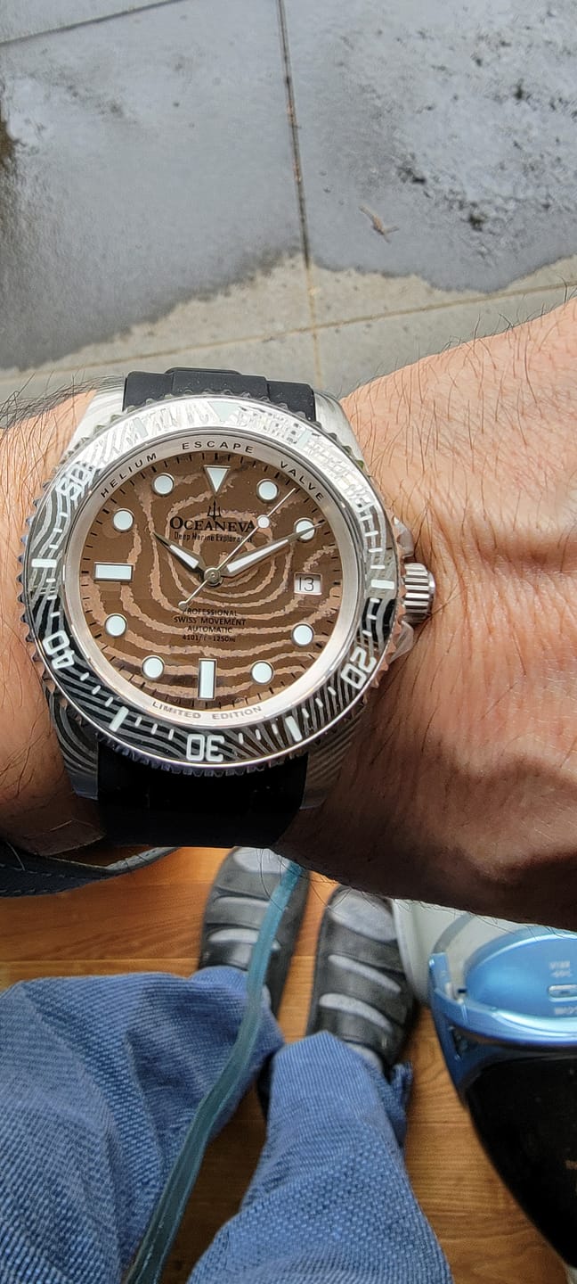 Customer photo review of Oceaneva Mens Deep Marine Explorer II Rose Gold Damascus Steel Dial Watch Rubber