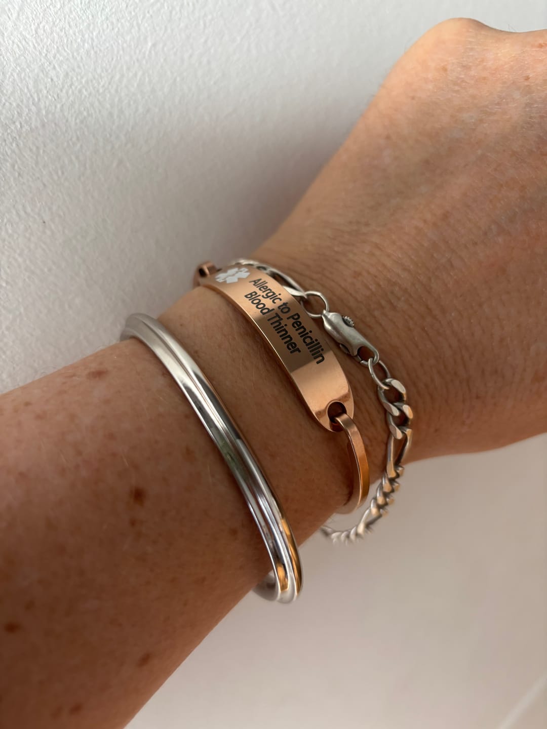 Customer photo review of Personalised Rose Gold Medical Alert ID Bangle Bracelet