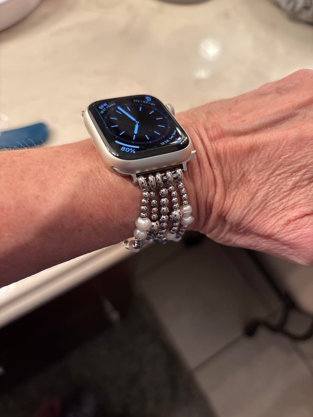 Customer photo review of Shimmering Pearl Stretch Apple Watch Strap
