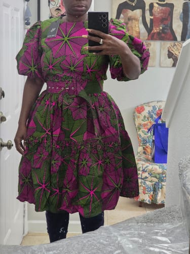 Customer photo review of BUNMI AFRICAN PRINT PUFF SLEEVE MIDI DRESS
